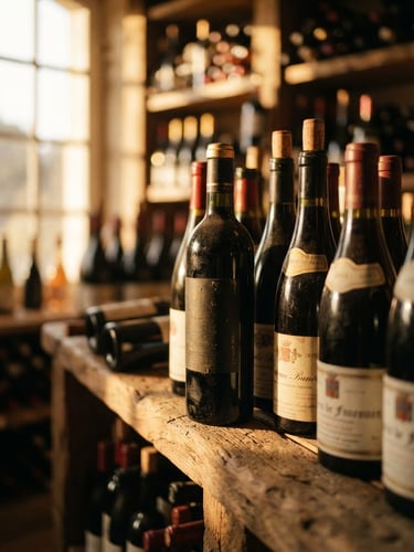 Warm close-up of dark glass wine bottles catching golden-hour window light on rustic wooden shelves, shallow depth of field, 35mm