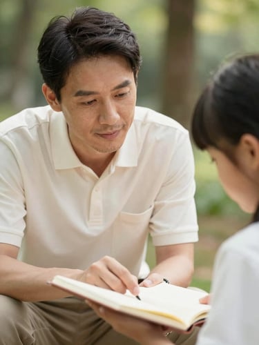 Close-up warm editorial photograph of a mentor guiding a student over a shared notebook, soft natural daylight, shallow depth of field.