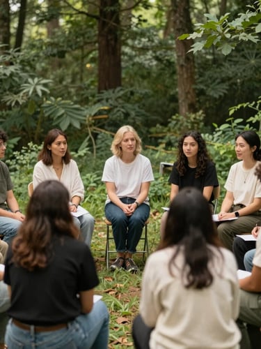 Warm editorial photograph of community organizers sitting in a circle during an outdoor workshop, soft natural daylight, deep forest green accents, authentic.