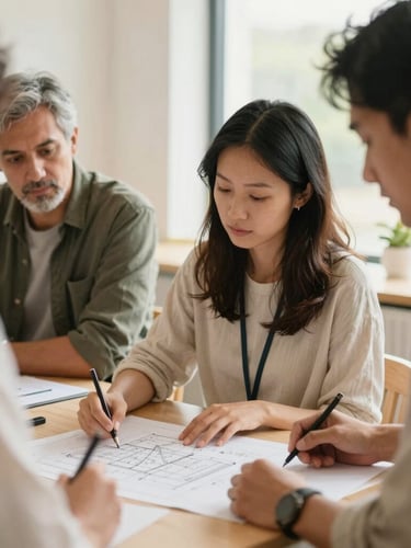 A warm, natural-light medium shot of community leaders collaborating over architectural plans in a bright local space, soft focus.