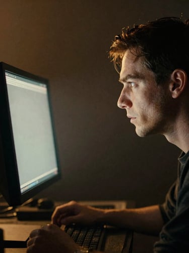 Moody close-up of a director in deep focus looking at a high-contrast monitor on a dark set, warm tungsten backlighting, hazy atmosphere, cinematic grain