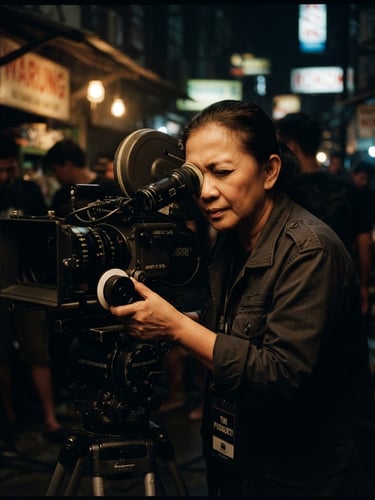 Moody cinematic film photography of a director looking through an anamorphic 35mm camera viewfinder on a dark Jakarta set, low-key warm tungsten practical lights, deep shadows.