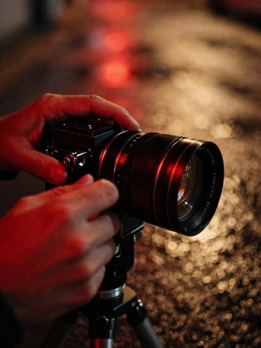 Close-up of hands adjusting the focus ring on a vintage cinema lens, warm neon red and gold light reflecting on wet pavement in the background, cinematic grain.
