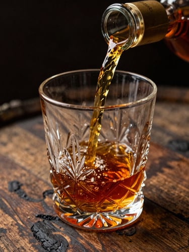 Low-key editorial close-up of amber bourbon pouring into a heavy crystal glass, dramatic side lighting catching the rich liquid, charred barrel staves in the soft-focus background, 35mm film style