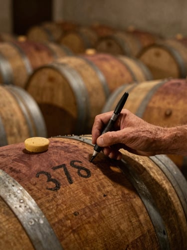 Close-up of weathered hands chalking a barrel number in a dimly lit, historic timber rickhouse with rows of aging bourbon barrels.