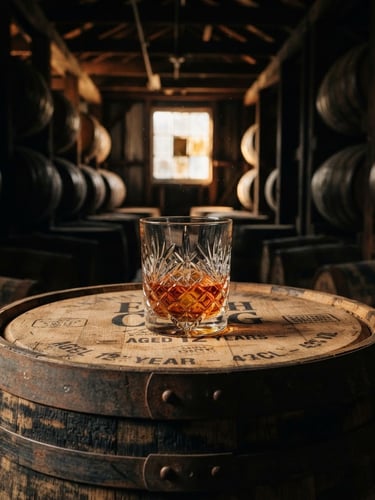A heavy crystal glass catching warm amber light on a weathered oak barrel in a low-key, dramatic rickhouse setting, warm-anchored editorial style.
