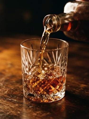 Macro close-up of rich amber bourbon pouring into a heavy crystal glass, low-key dramatic side lighting, dark walnut background