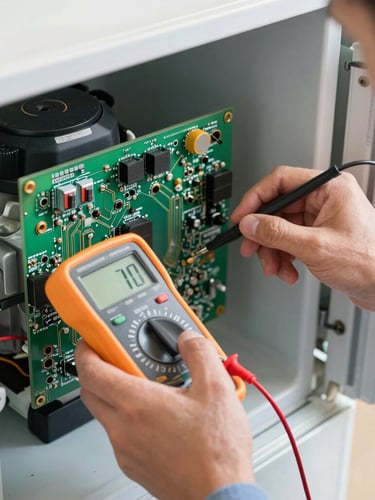 Close-up of a technician's hands using a digital multimeter to test a complex green circuit board inside a modern refrigerator compressor compartment, bright natural lighting, clean workspace