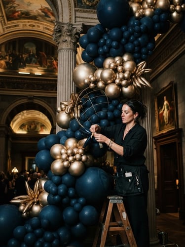 Dramatic editorial shot of an artist assembling a massive organic balloon sculpture in a grand historic gallery, high-contrast lighting highlighting matte navy and metallic gold textures, 35mm.