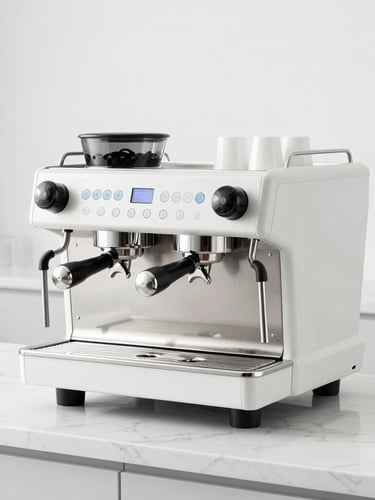 Sleek commercial dual-group espresso machine on a clean white marble counter, bright high-key studio lighting, modern minimalist cafe background, 50mm lens