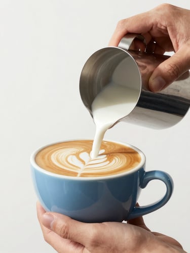 Close-up of a barista hand pouring steamed milk into a minimalist blue ceramic cup, creating crisp latte art, bright white studio setting