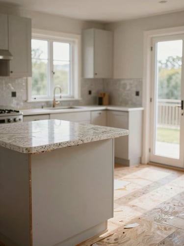 Wide environmental shot of a Rive-Sud bungalow kitchen mid-renovation, left side of frame, quartz countertop being installed on raw cabinets, natural daylight from north-facing window, plywood subfloor visible, focus on material layers and craft, no people