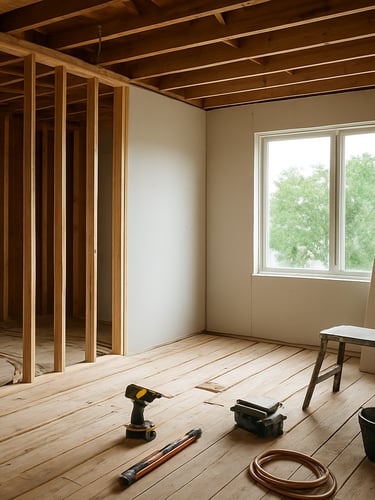 Wide environmental shot of a residential renovation interior on Montreal South Shore — framing studs exposed on the left side, new drywall panels being installed on the right, natural daylight flooding through a large window opening, wood floor substructure visible below, tools and materials staged in foreground