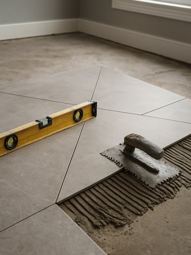 Close-up of a bathroom renovation in progress on the South Shore, large-format matte porcelain tile being laid on a diagonal, a level resting on the tile surface, trowel with mortar beside it, diffused daylight from a nearby window, clean concrete subfloor visible in the background