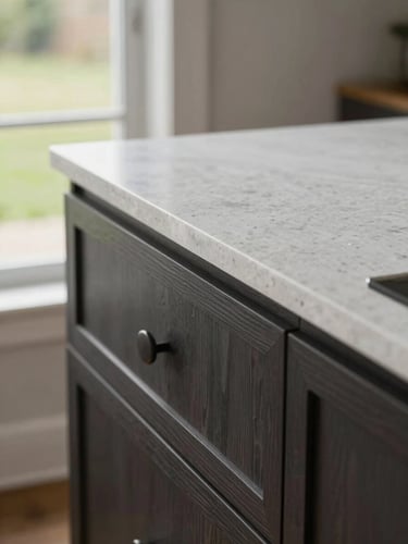Close-up of a freshly installed kitchen counter edge — white quartz surface meeting dark cabinetry, natural daylight from a window to the left, wood grain detail visible on the cabinet face, no people, sharp focus on material craftsmanship in a Rive-Sud suburban home