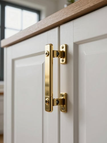 Close-up of brushed brass cabinet hardware being installed on white shaker doors in a Rive-Sud kitchen, overcast daylight from nearby window, sharp focus on screw and hinge detail, natural wood grain of door visible, no people