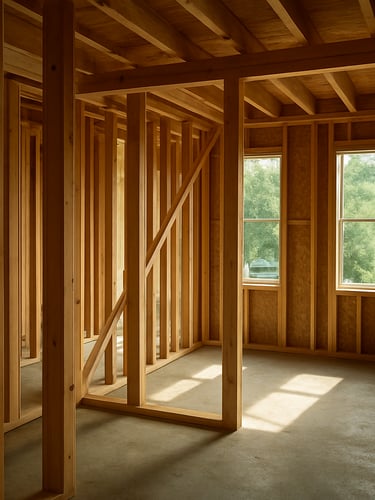 Close-up environmental shot inside a residential addition under construction in a South Shore suburb, exposed wood stud framing of a lateral annex, natural daylight streaming through unfinished window openings, concrete slab floor visible below