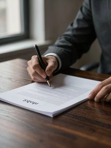 Close-up of a corporate contract signing on a dark oak table, dramatic side window light, deep slate gray and bronze tones, shallow depth of field, 35mm