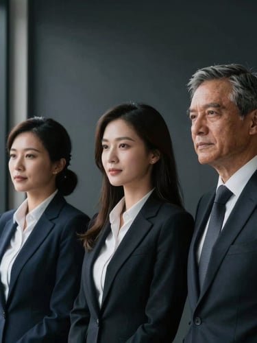Professional portrait of three executive partners in dark corporate attire, dramatic side window lighting, deep slate gray background, shallow depth of field, 35mm