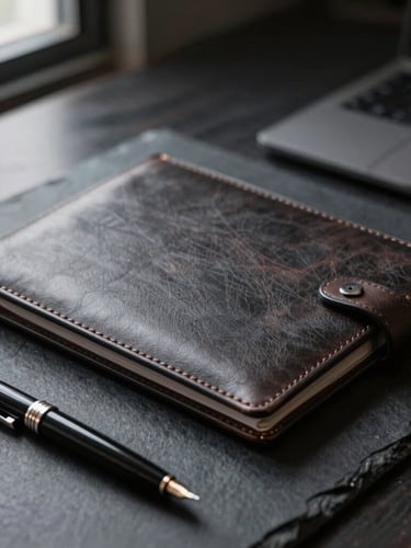 Close-up of high-quality corporate stationery, leather folder, and a fountain pen on a dark slate desk, dramatic side lighting