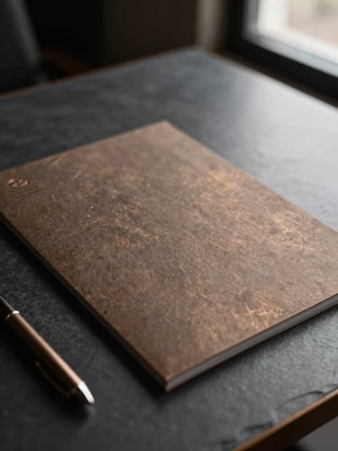 Close-up of high-quality corporate stationery on a dark slate desk, dramatic side window light, warm bronze tones, shallow depth of field, 35mm
