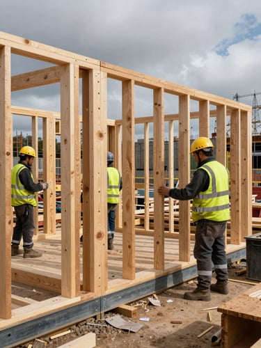 High-contrast environmental shot of an active construction crew in high-vis gear installing heavy timber framing, overcast sky casting realistic shadows on raw wood and steel joints, detailed and organized job site.