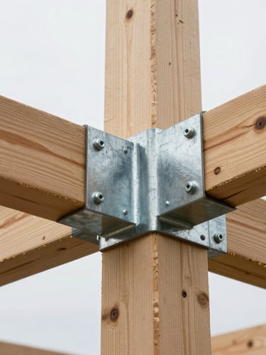 Close-up detail of heavy-timber structural framing joining with a raw steel collar, bolted connection, high-contrast overcast daylight, sharp focus on metal textures.