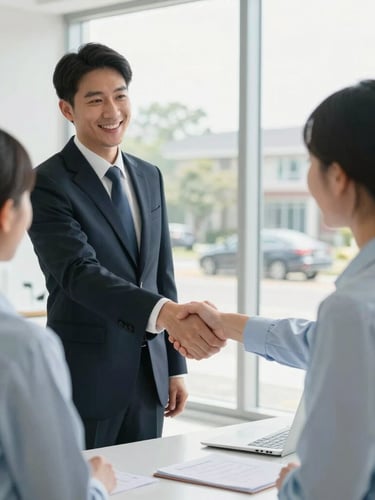 A professional local insurance agent greeting a client with a warm handshake in a bright, modern Chesapeake office, soft natural daylight, 35mm lens