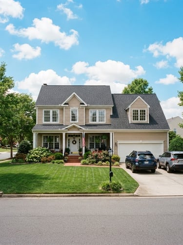 Bright natural daylight photo of a classic suburban home in Chesapeake, green lawn, clear blue sky, optimistic 35mm photography