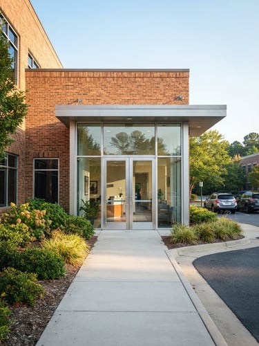 Bright natural daylight photo of a modern brick office entrance on Bells Mill Road in Chesapeake, clean glass doors, optimistic morning sun, 35mm lens.