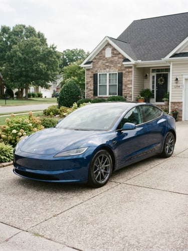 A clean modern sedan parked in a suburban driveway in Chesapeake, bright natural daylight, soft overcast sky, professional 35mm photography