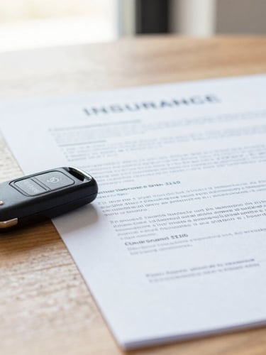 A close-up of car keys resting on a clean wooden table next to a signed insurance policy document, bright natural daylight.