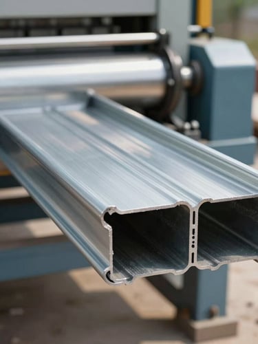 Close-up of a mobile roll-forming machine extruding a seamless zinc-gray metal gutter profile on a construction site, bright natural daylight