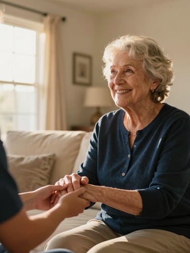 Warm editorial photography, soft golden-hour light, a caregiver gently holding the hand of an elderly woman smiling in a bright Arizona living room, shallow depth of field, 35mm