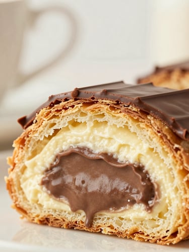 Macro close-up of a sliced Ruso pastry, revealing generous layers of rich cream, golden sponge, and chocolate ganache, soft morning light, shallow depth of field, 50mm lens