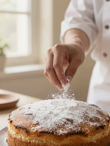 Close-up of baker's hands dusting powdered sugar on a freshly baked cake, soft morning window light, warm cream background, shallow depth of field