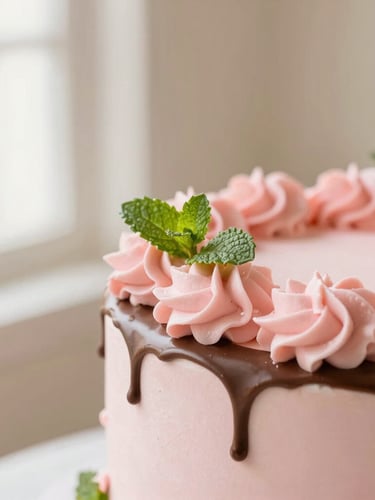 Macro food photography of a custom wedding cake with delicate pink frosting and mint details, soft morning window light, warm cream background