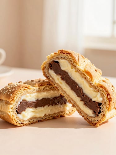 Slicing a generous triple-flavor Ruso pastry revealing rich cream layers and golden textures, warm morning light, soft pastel background, 50mm lens