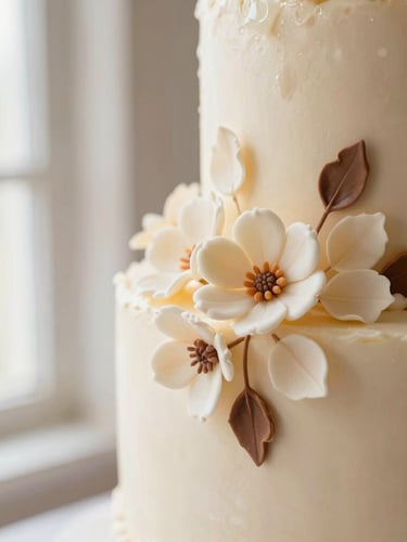 Close-up of a beautifully decorated wedding cake with delicate sugar flowers, soft morning window light, warm cream background, shallow depth of field