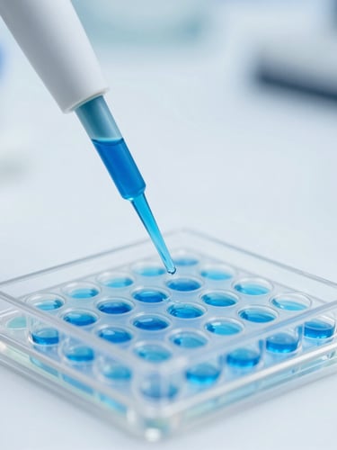 Macro close-up of sterile laboratory pipettes dispensing blue fluid into an assay plate, high-key clinical light, cool-toned laboratory illumination, sharp focus
