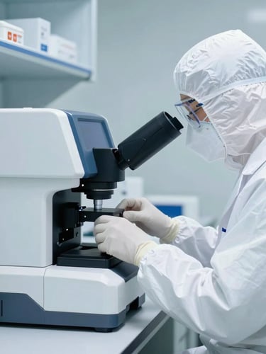 Precise mid-shot of a professional pathologist in clean white protective gear operating a high-tech molecular diagnostic instrument, sterile laboratory environment, cool-toned illumination.