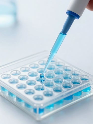 Crisp macro close-up of a sterile pipette dispensing blue liquid into a 96-well assay plate, bright high-key clinical light, cool blue tones, sharp focus.