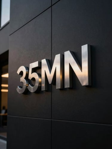 A crisp straight-on elevation of a corporate lobby featuring brushed steel 3D dimensional letters mounted on a matte black architectural wall, dramatic side lighting