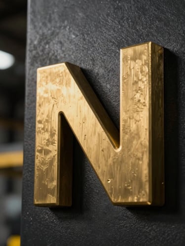 Macro close-up shot of a finished 3D brass letter join, showing sharp millimeter-precise edges, brushed metal texture, dramatic architectural lighting, 35mm