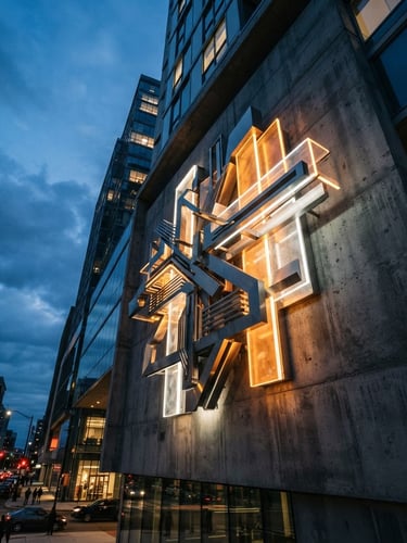 Low-angle heroic architectural shot of a massive finished 3D steel and acrylic corporate sign integrated into a modern concrete facade, twilight lighting, glowing LEDs, premium architectural photography, 35mm