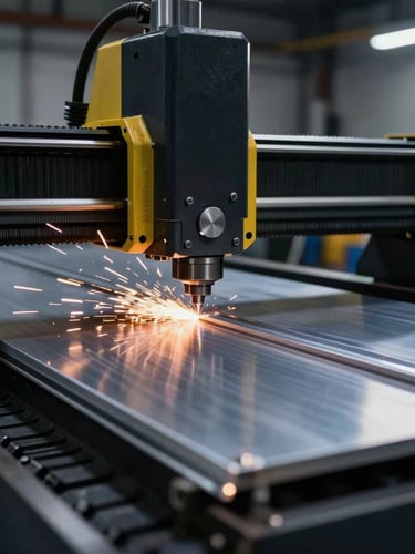 Close-up of an industrial CNC routing machine cutting a thick aluminum sheet, bright sparks flying, sharp focus on the clean metal edge, dark workshop background