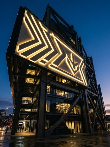 Low-angle heroic architectural photograph of a massive illuminated steel and ACP corporate facade sign at twilight, sharp details, 35mm