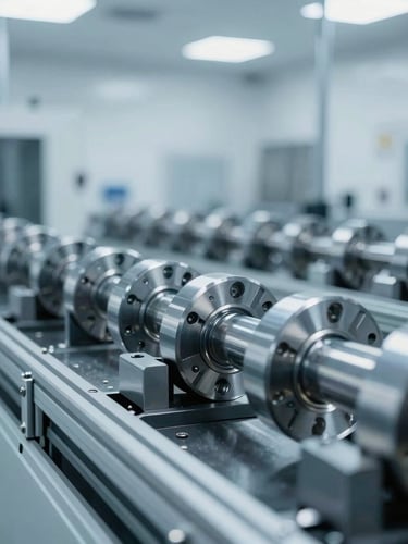 Close-up of high-precision steel automotive components on a factory assembly line, cool industrial lighting, sharp focus on metallic textures, desaturated blue tones