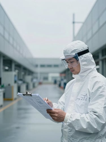 A professional inspector in protective gear examining technical blueprints on a clipboard inside a modern high-tech factory, cool overcast daylight, sharp focus