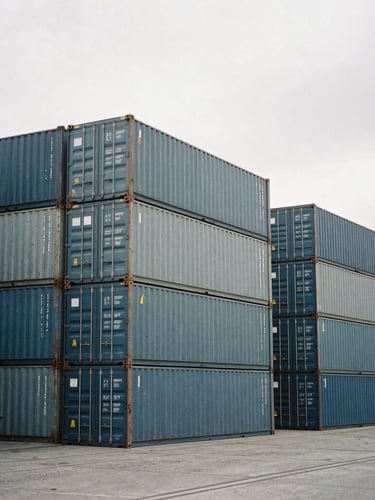 Wide shot of a deepwater cargo terminal under overcast daylight, stacked slate-gray containers, high-contrast shadows, 35mm photography